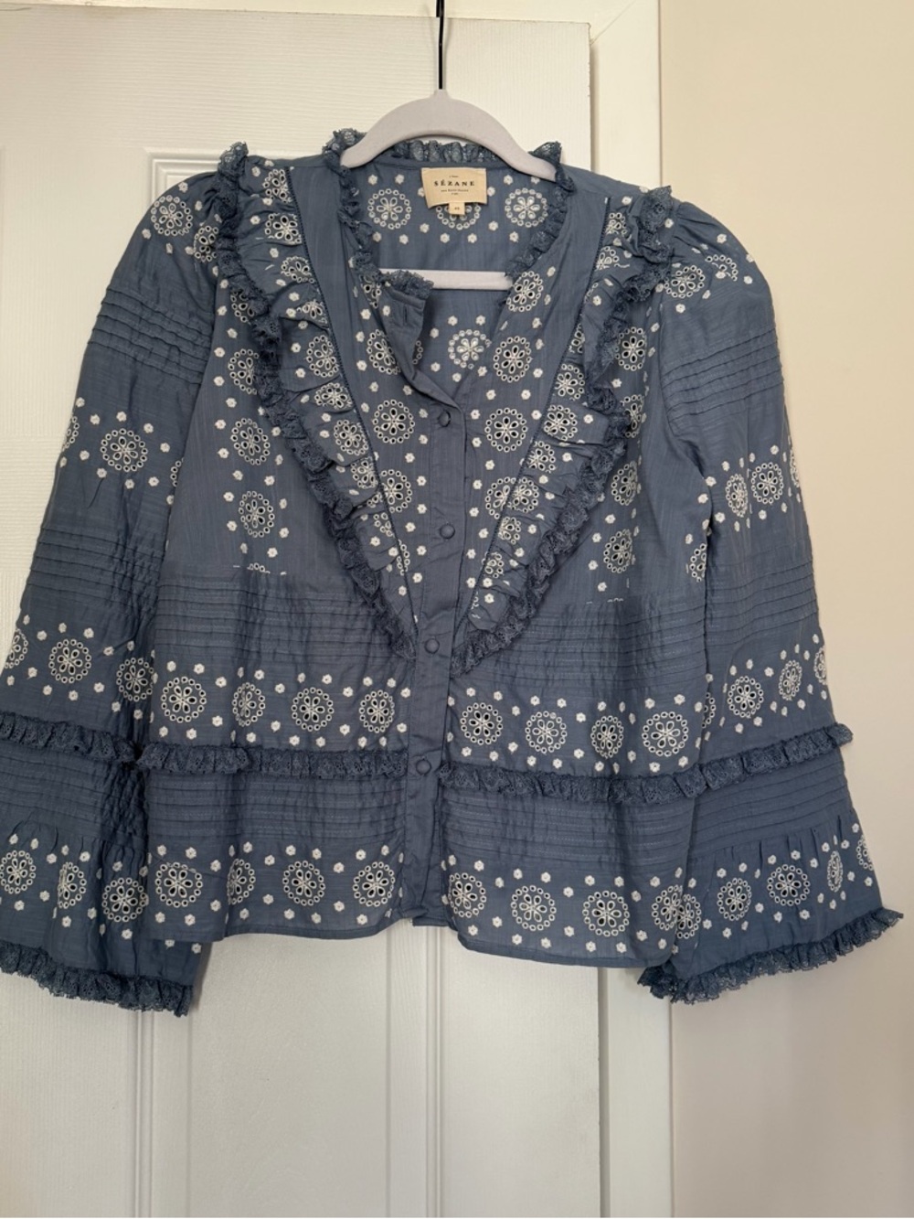 Sezane Blue Eyelet Ruffle Button-Front Blouse